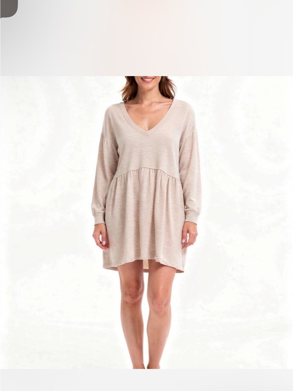 American Eagle Outfitters V-Neck Babydoll Mini Dress in Light Beige